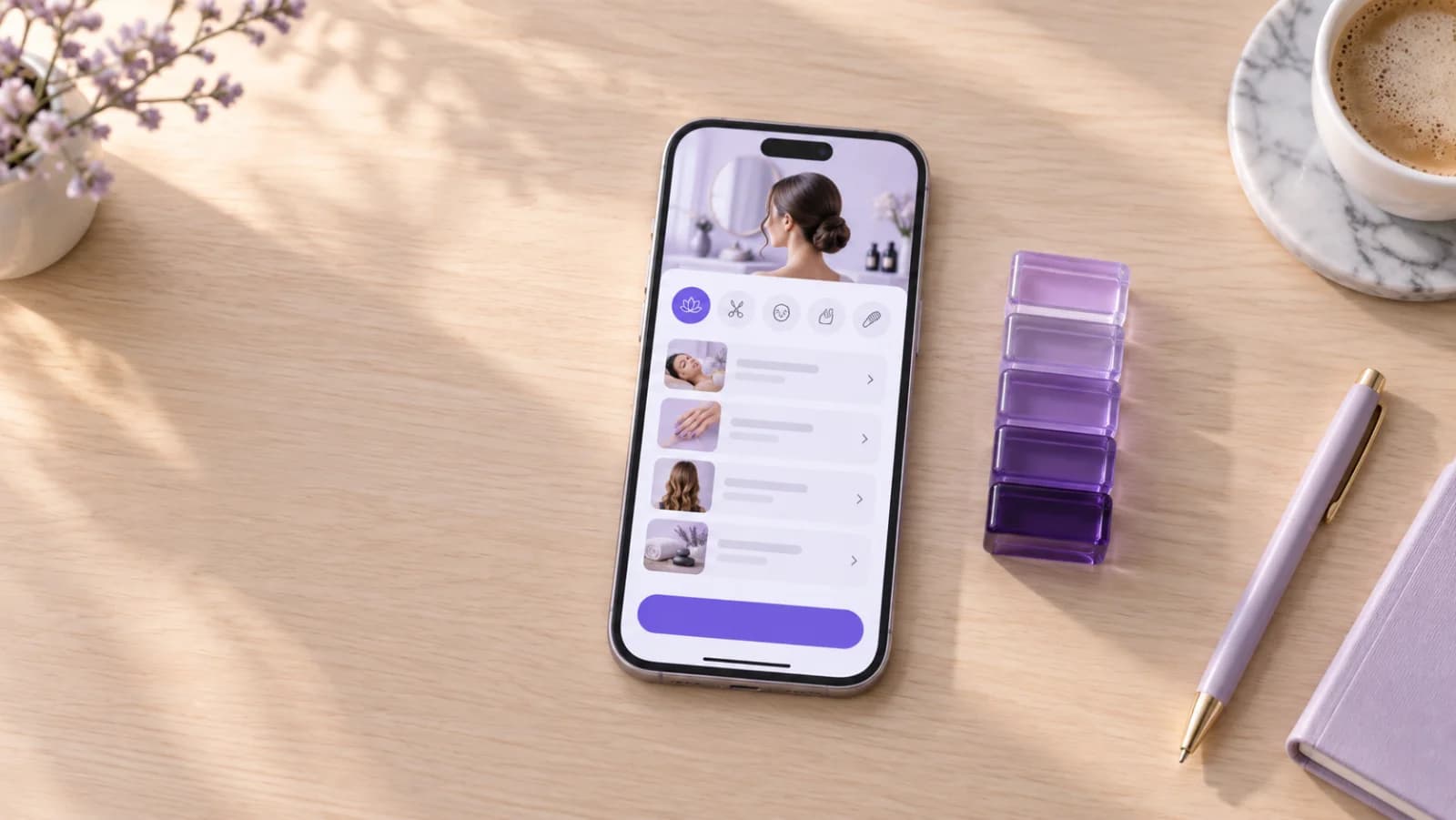 A wooden desk seen from above with a phone showing a booking app and five purple blocks stacked beside it