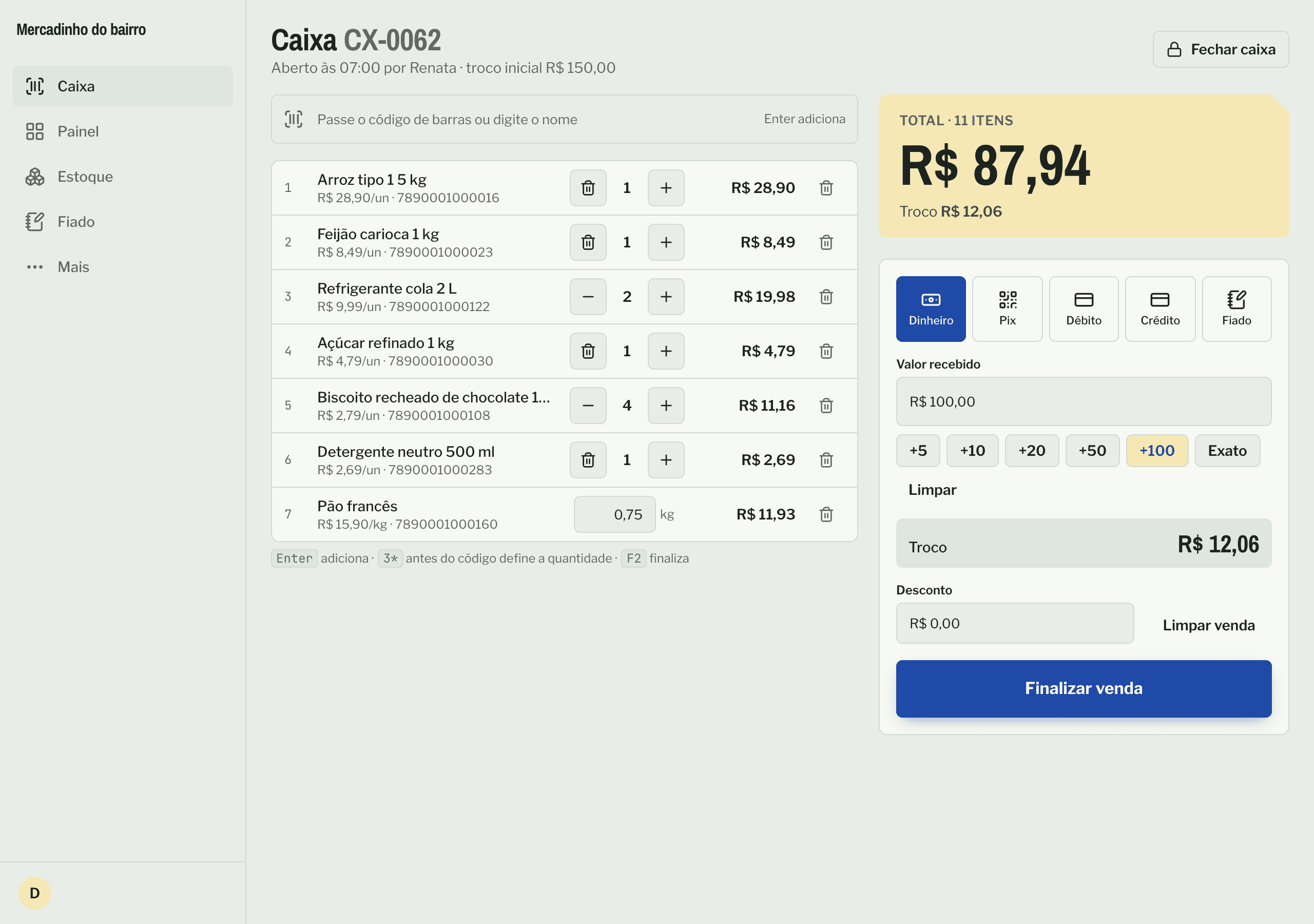 Caixa com venda em andamento