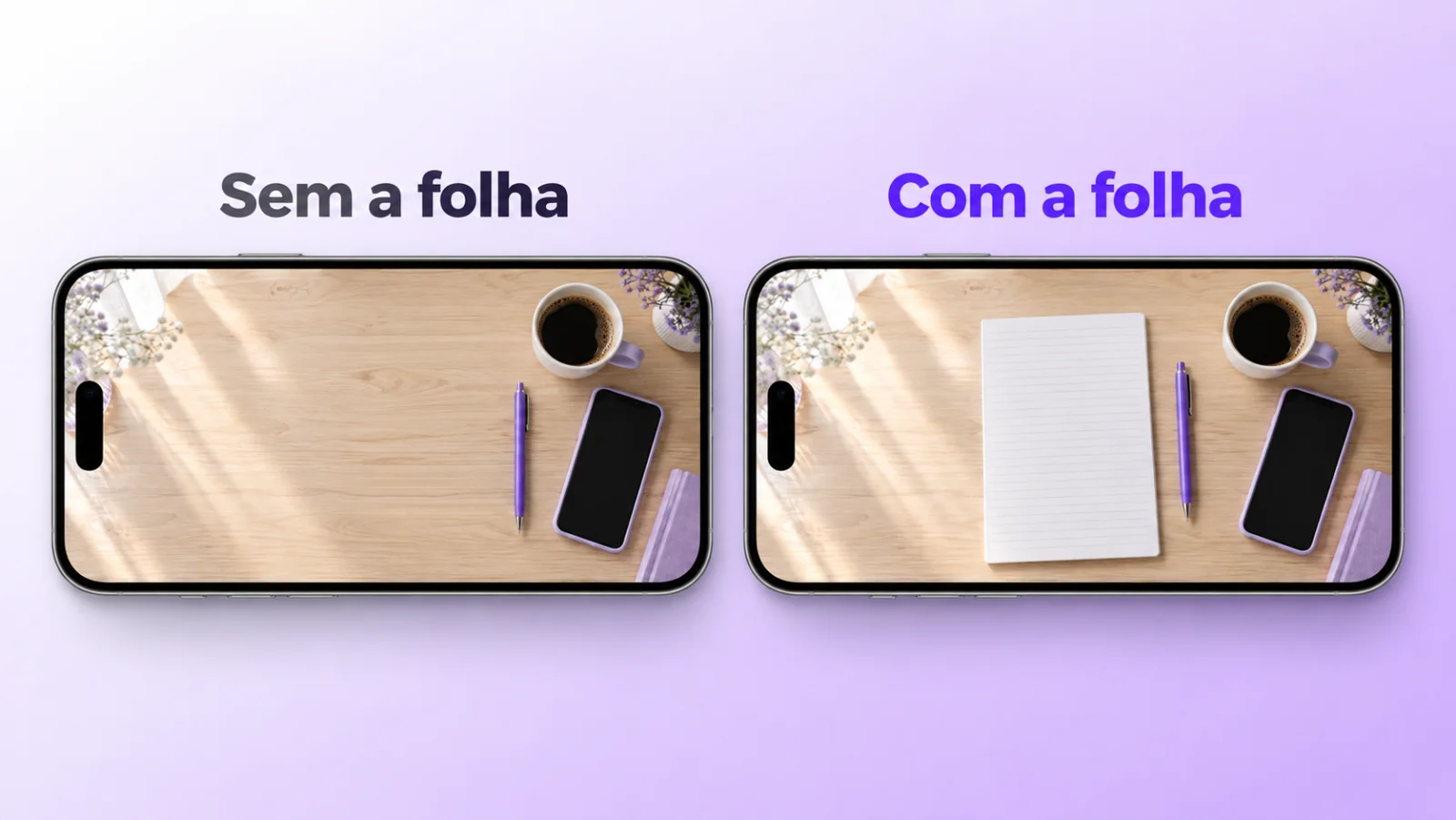 Two phones side by side: without the sheet, an empty desk. With the sheet, a desk with a blank sheet ready to be filled in