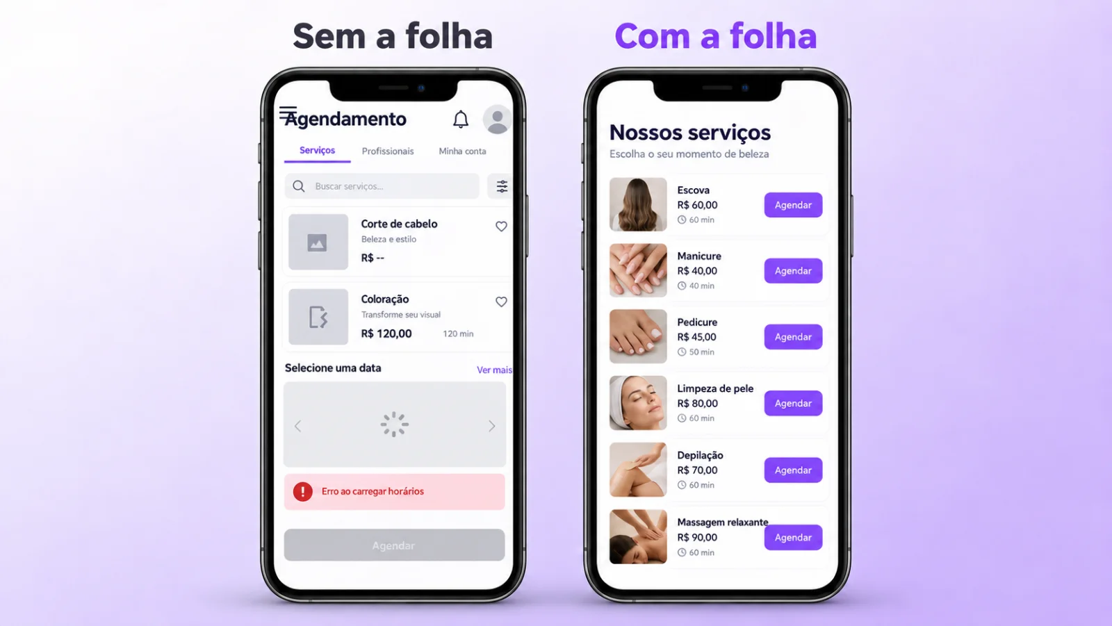 Two salon apps side by side. Without the sheet: an app with an error loading the time slots, a missing price and a disabled button. With the sheet: a tidy list of services with price, duration and a Book button