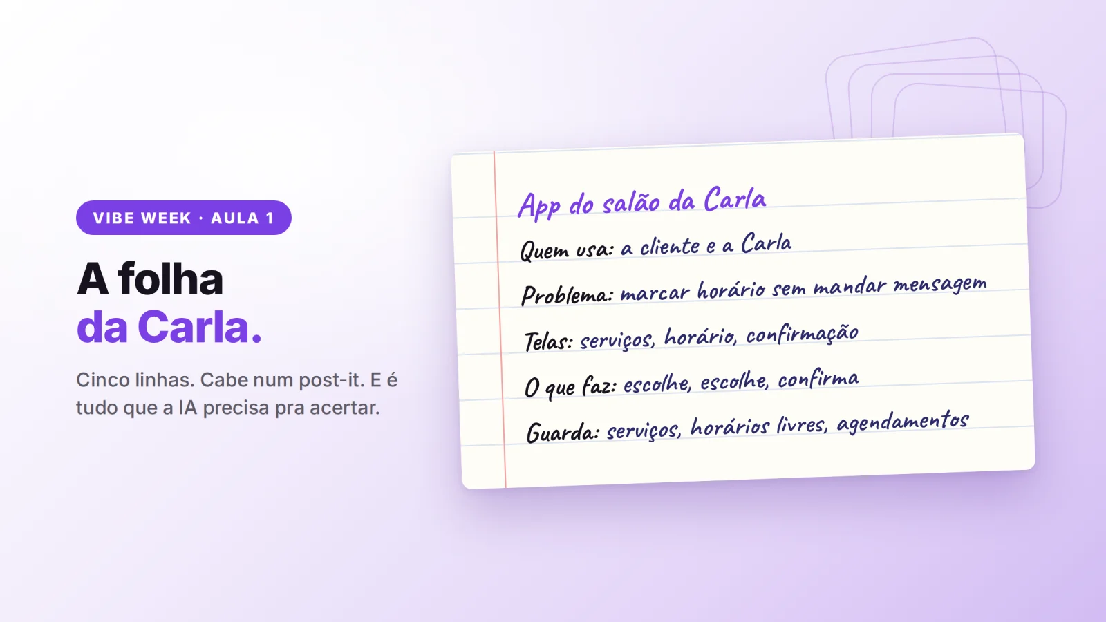 A lined sheet of paper, handwritten, with the five answers for Carla's salon app